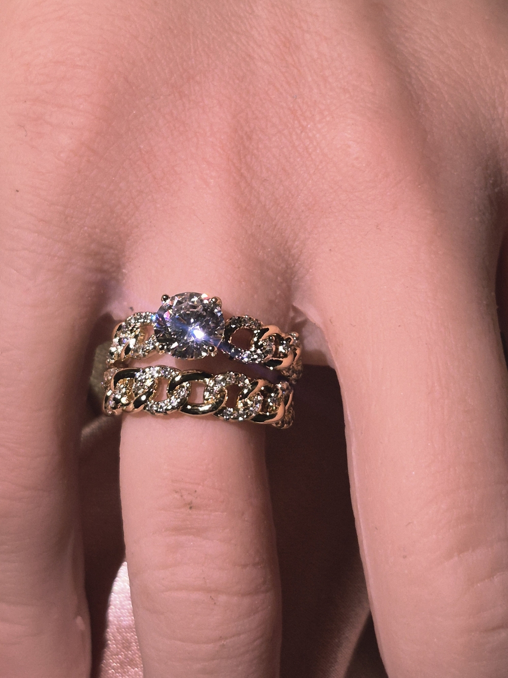 Gold Plated Chain & Solitaire Cubic Zirconia Ring Set - Women's Jewelry